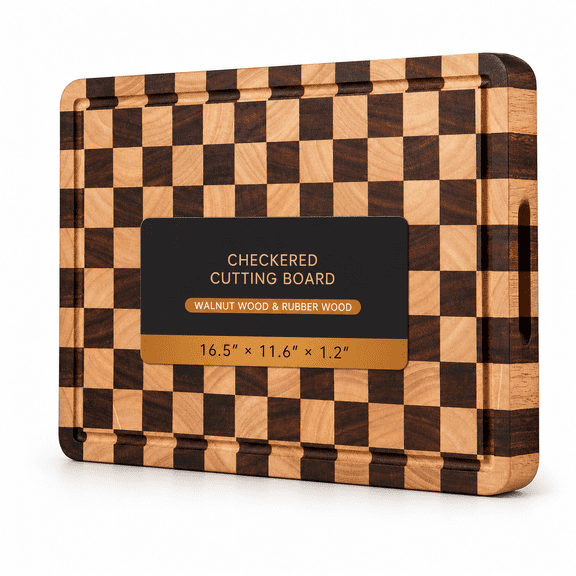 Checkered 16.5"L x 11.6"W Thickened Walnut & Rubber Wood Chopping Butcher Block