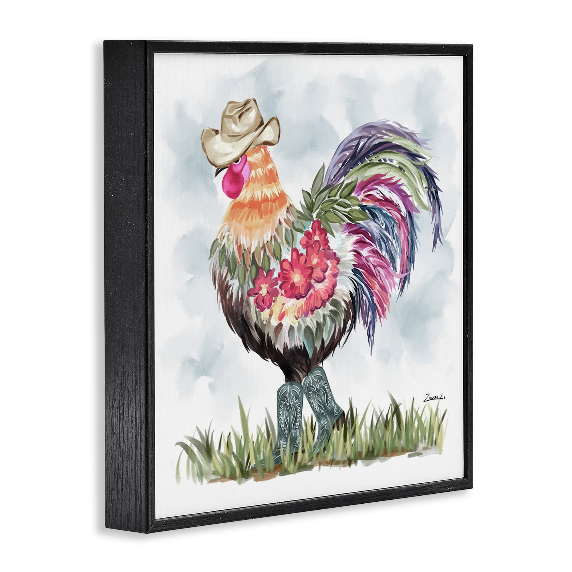Stupell Industries Cowboy Floral Hen Animals & Insects Painting Black Framed Art Print Wall Art, 12 x 12