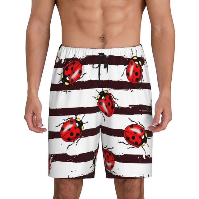 Balery Ladybugs on Black and White Striped1 Pantalones cortos de pijama de punto de algodón para hombre con cinturilla y bolsillos-Medium