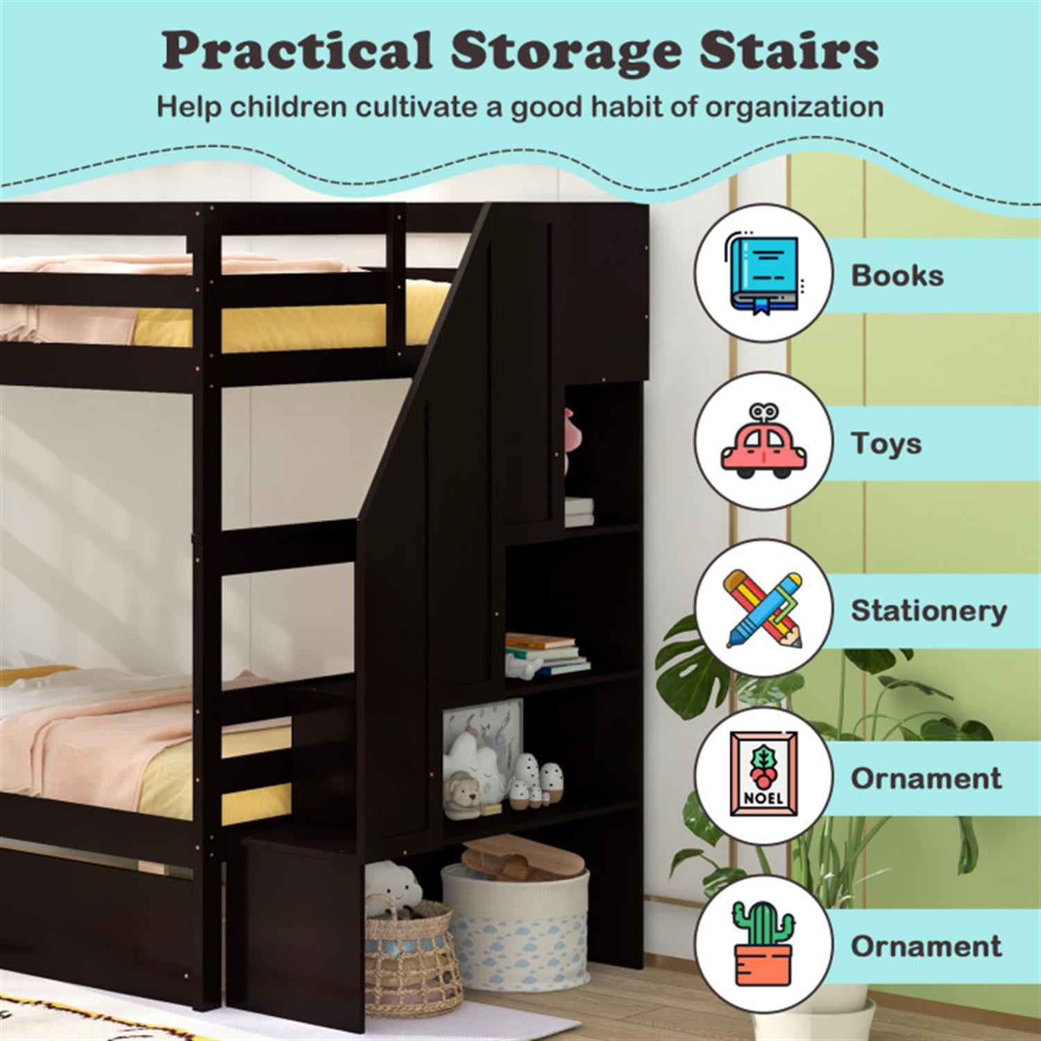 Demi Bonn Twin Over Twin Bunk Bed with Storage Stairs and Drawers, Solid Wood Bunkbeds Frame for Bedroom, No Box Spring Needed, Brown