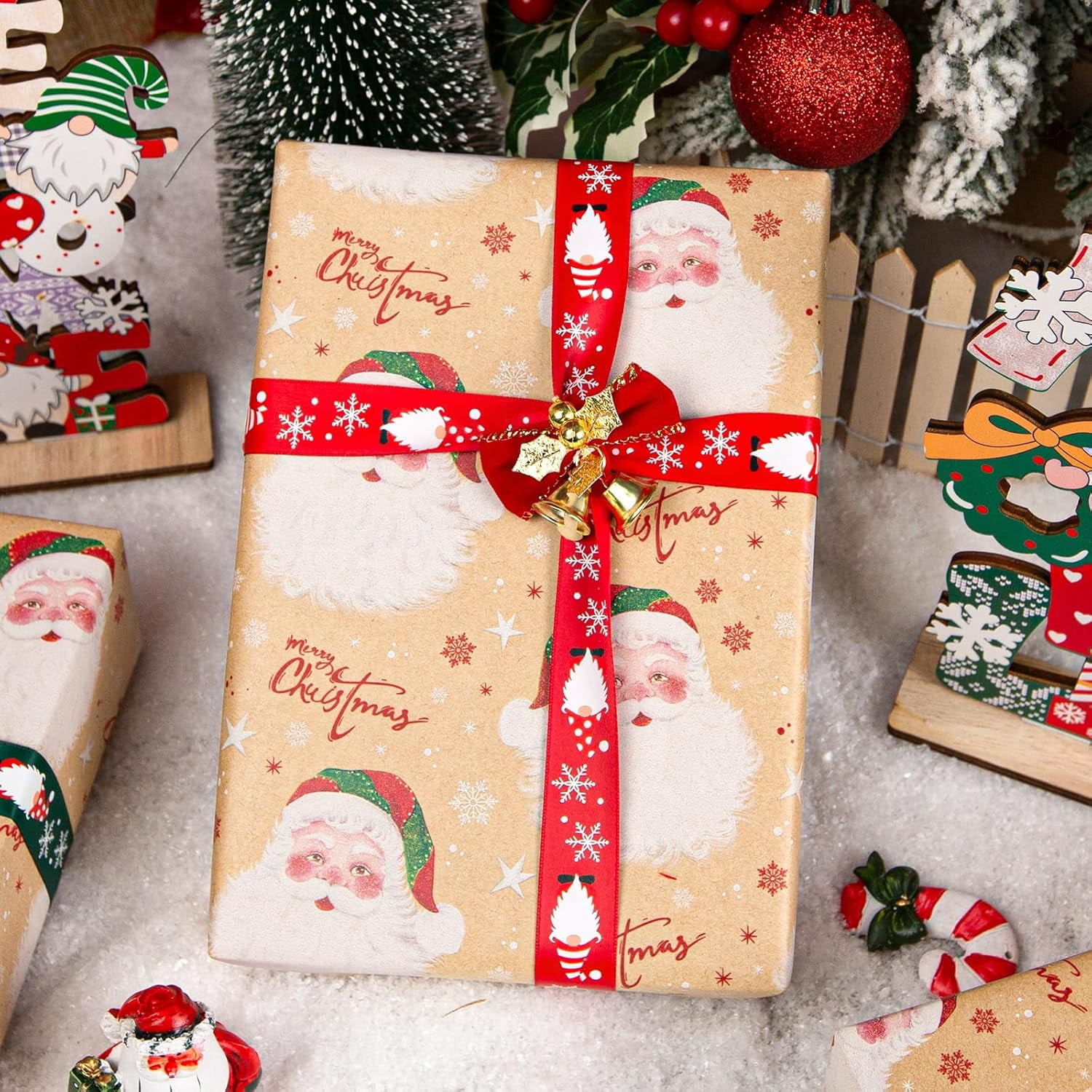 Christmas Wrapping Paper, Brown Kraft Santa Claus Design Gift Wrapping Paper Suitable for Christmas, Mini Roll (17 Inch X 32.8 Feet)
