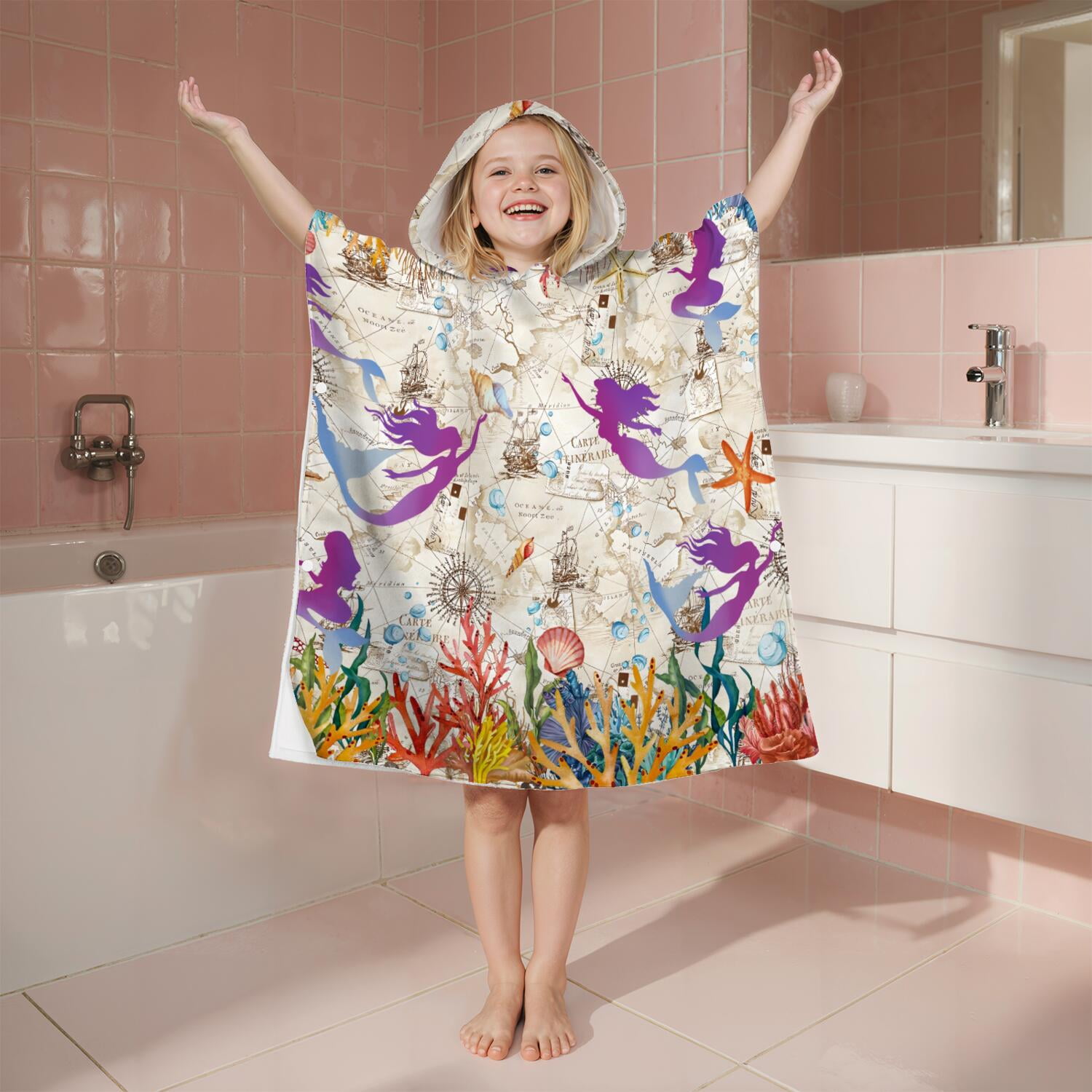Hooded Kids Beach Towels - Toddler Bath Towel Girls Boys Swimming Cover-ups for Ages 2 to 6 Kids Pool Towels Quick Dry Lightweight Soft Microfiber Poncho Towel 28x28 (Mermaid Seashell)