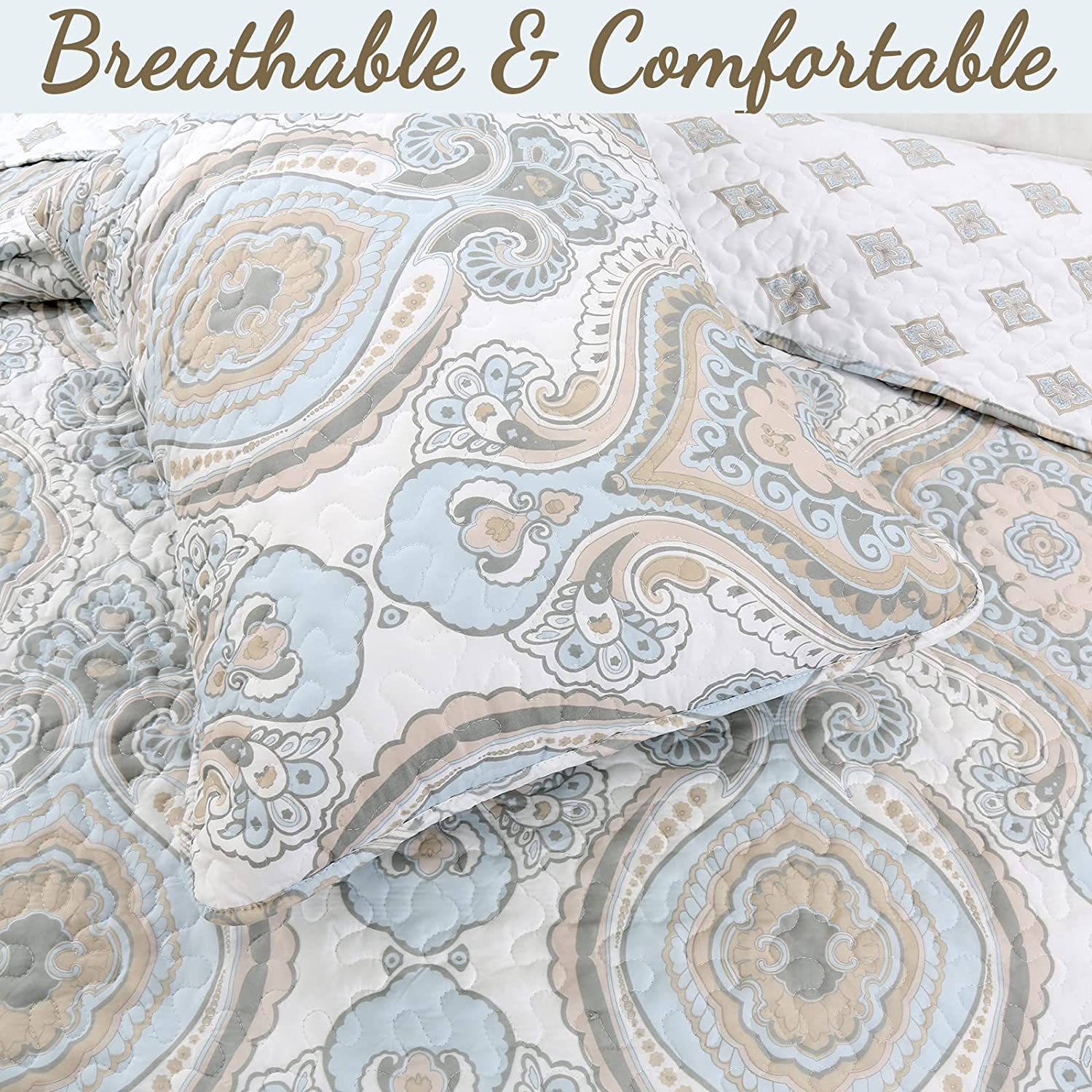 Cozy Line Home Fashions Sky Blue Brocade Medallion Microfiber Quilt, King - Reversible