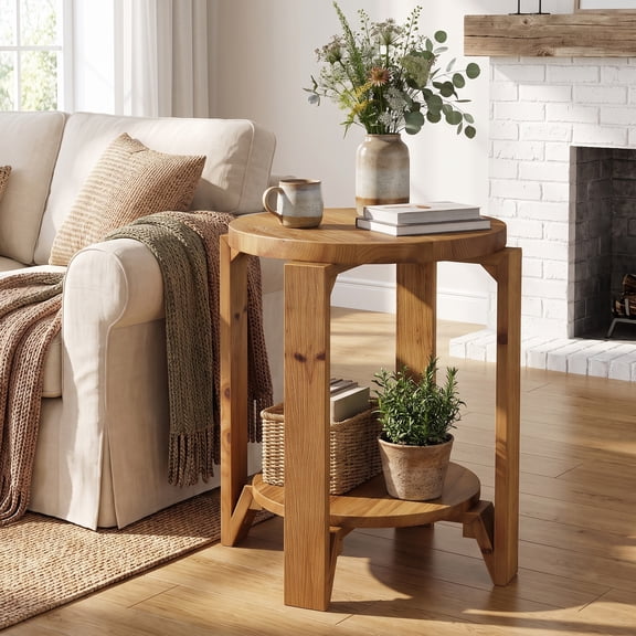 Fnova Solid Wood End Table, 2-Tier Round Side Table for Living Room, Farmhouse Circle Nightstand with Storage for Bedroom, Couch, Small Spaces, Easy Assembly, Rustic Brown