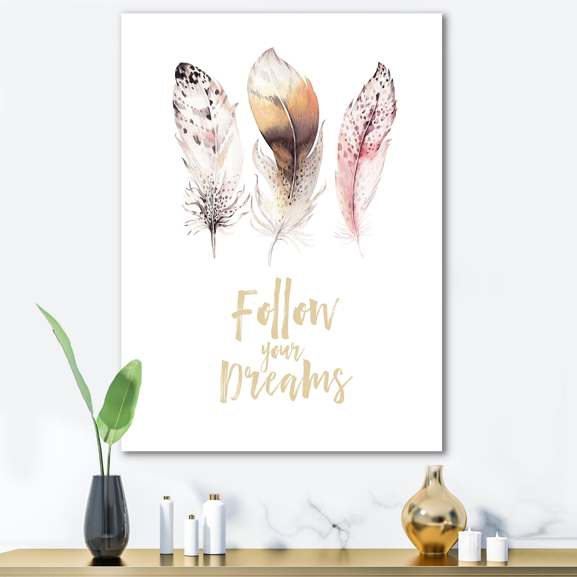 Designart ' Multicolored Boho Art Feathers Follow Your Dreams ' Bohemian & Eclectic Canvas Wall Art Print