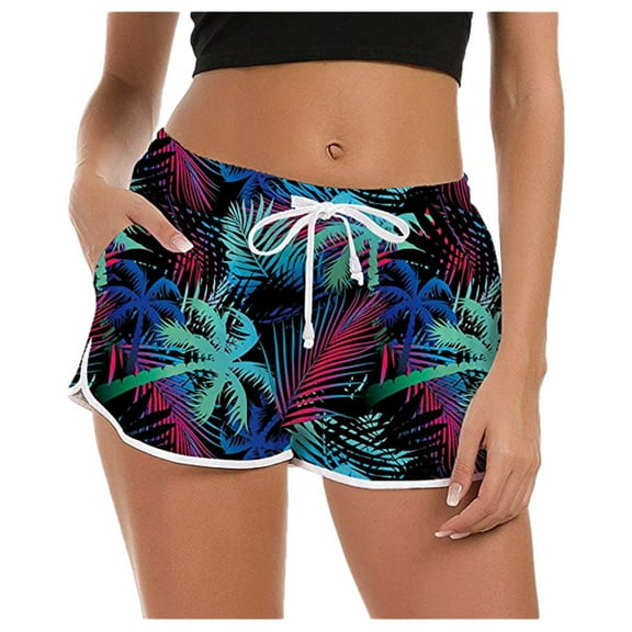 GEWSEY Women's Tropical Elastic Waist Drawstring Shorts Hawaiian Leaf Print Swim Trunks Beach Shorts Sky Blue, S