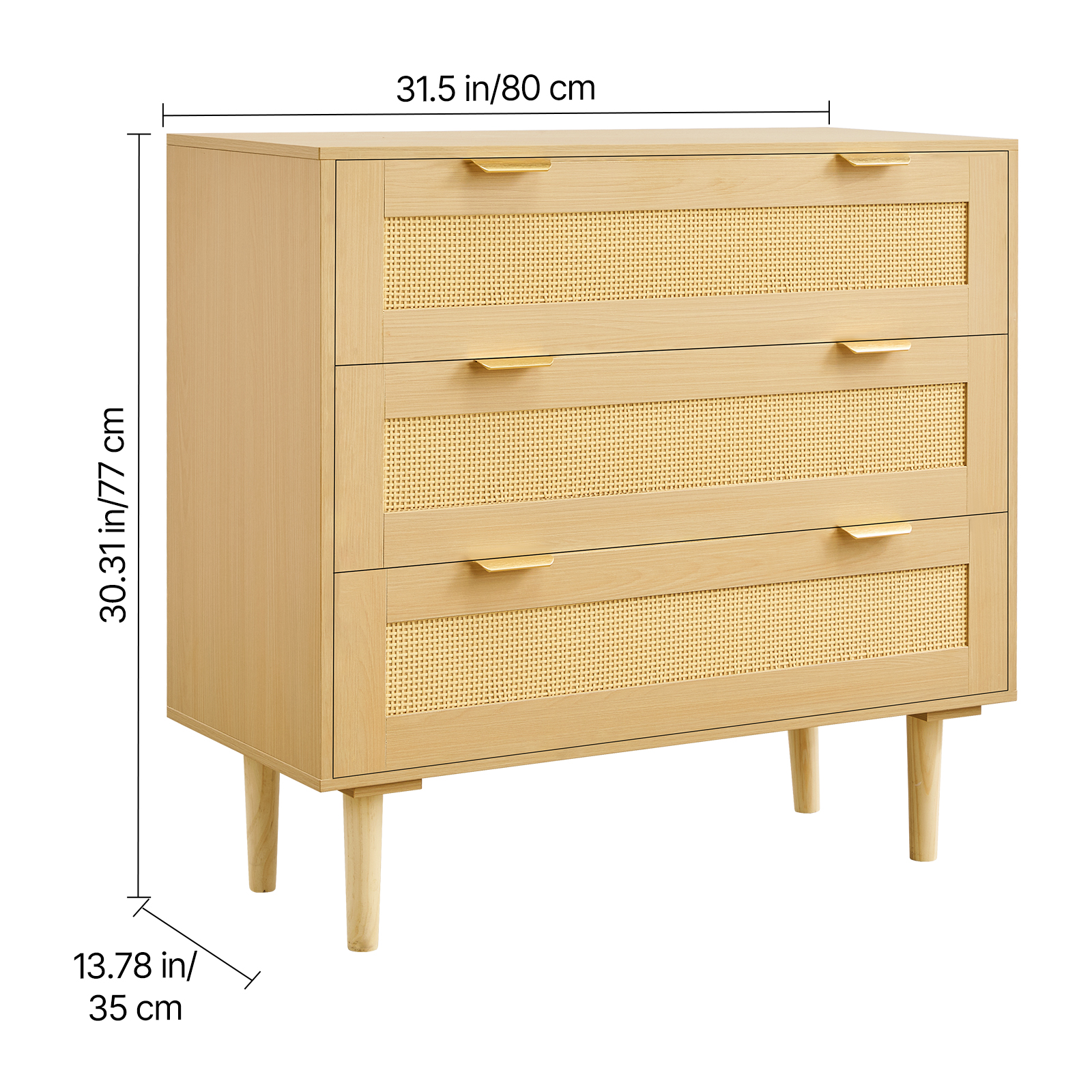 VEVOR 3 Drawer Rattan Dresser, Modern Closet Dresser for Bedroom, Natural Rattan Chest of Drawers with Metal Handles & Wooden Legs, Chest Clothing Organizer & Storage for Bedroom, Living Room