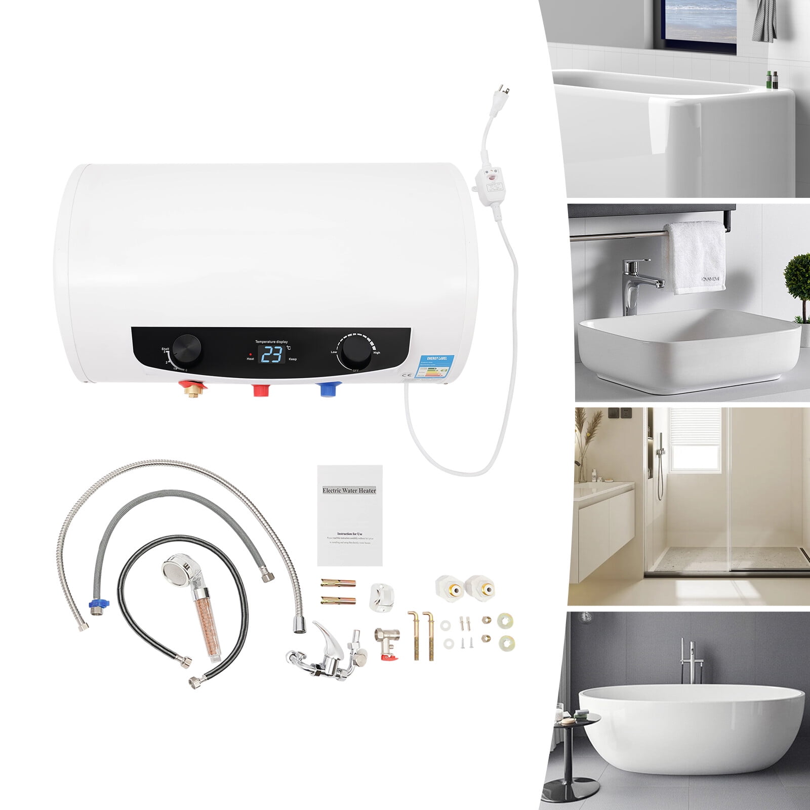 35L Electric Instant Hot Water Heater Tank, 1500W Horizontal Wall Mounted with Safety Protection & Temperature Control 30-75°C