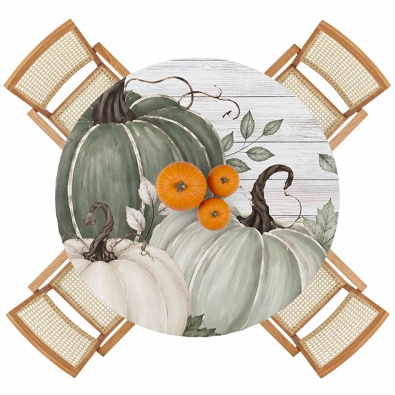 Thanksgiving Green White Pumpkin Round Fitted Tablecloth with Elastic Edge,Waterproof Table Cloth Fits 55"-60" Tables,Wipeable Table Cover for Indoor Outdoor Dinning Party,Fall Maple Leaves Wood