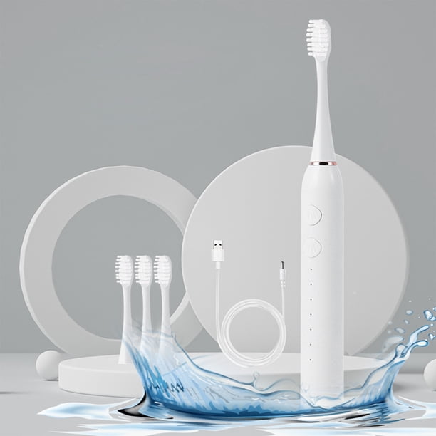 Cepillo de dientes eléctrico con temporizador y 4 cabezales de cepillo - Impermeable IPX7, 5 modos de limpieza, recargable por USB, portátil para viajar - blanco, rosa, azul