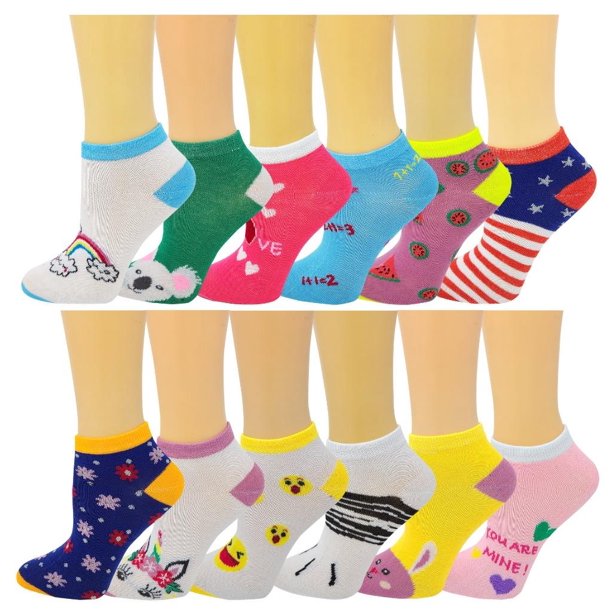 Ayla 12 Pairs Girls Big Kids Novelty Colorful Low Cut Ankle Socks