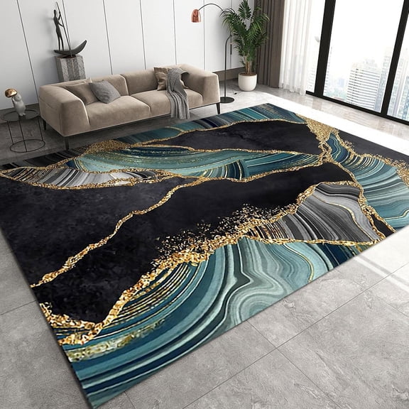 European Light Luxury Imitation Green Marble Texture Area Rugs, Modern Abstract Black Gold Luxury Washable Carpet, Soft Machine Washable Kids Rug for Living Dining Dorm Room Bedroom 2x3ft