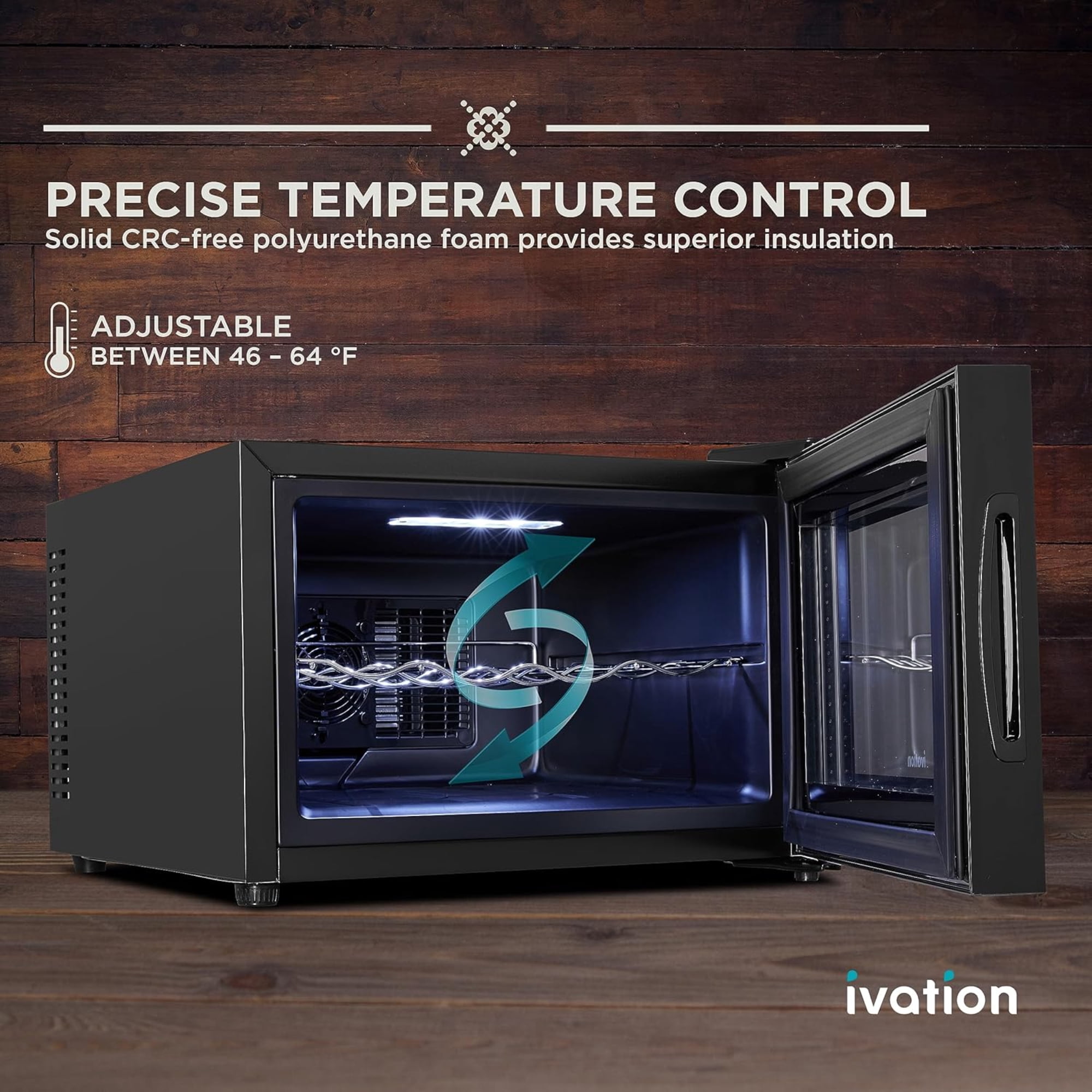 Ivation Premium 8 Bottle Horizontal Glass Door Wine Cooler, Quiet Freestanding - Black