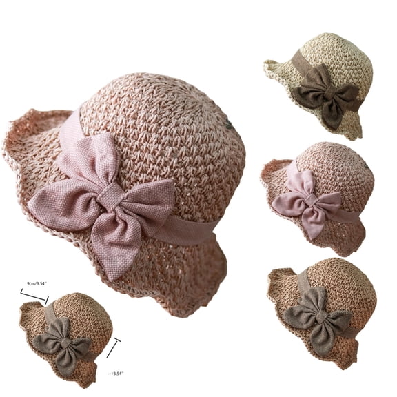Elegant Woven Straw Sun Hat with Bow Summer Beach Sun Straw Hats for Women Wide Brim Packable Travel Bucket Hats Pink