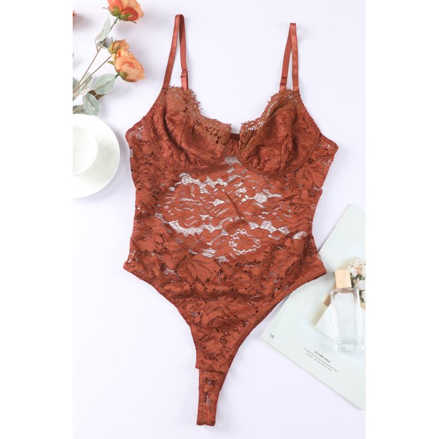 ABPHQTO Body de mujer con tirantes finos de encaje floral marrón con espalda recortada