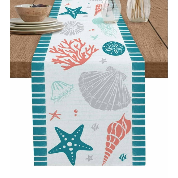 ERUNPONLY Teal Red Coastal Table Runner - 72 Inch Long Ocean Nautical Starfish Coral Striped Cotton and Linen Blended Dress Scarves Farmhouse Table Runner for Kitchen Dining, Coffee Table, 16" x 72"