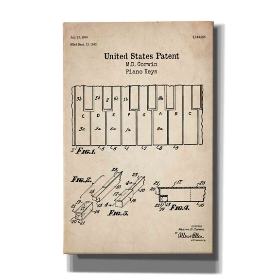 Epic Graffiti "Piano Keys Blueprint Patent Parchment" Giclee Canvas Wall Art, 26"x40"