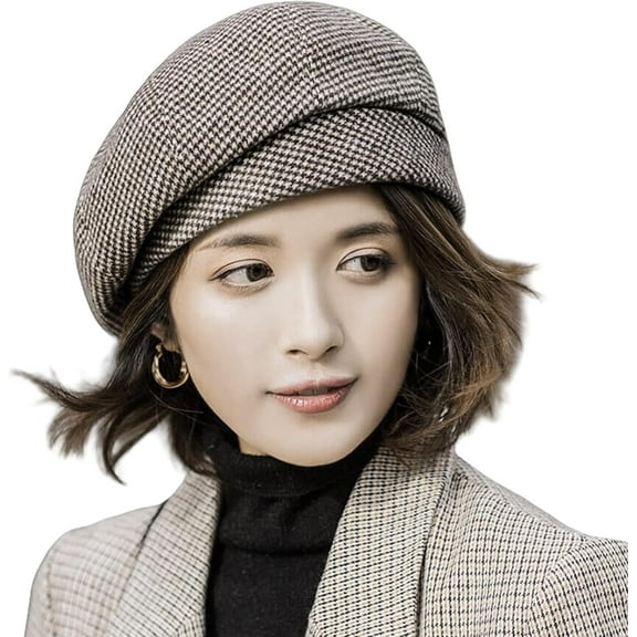 Women Retro Houndstooth Beret Hat Newsboy Caps Fashion Winter Knitted Wool French Style Painter Hats