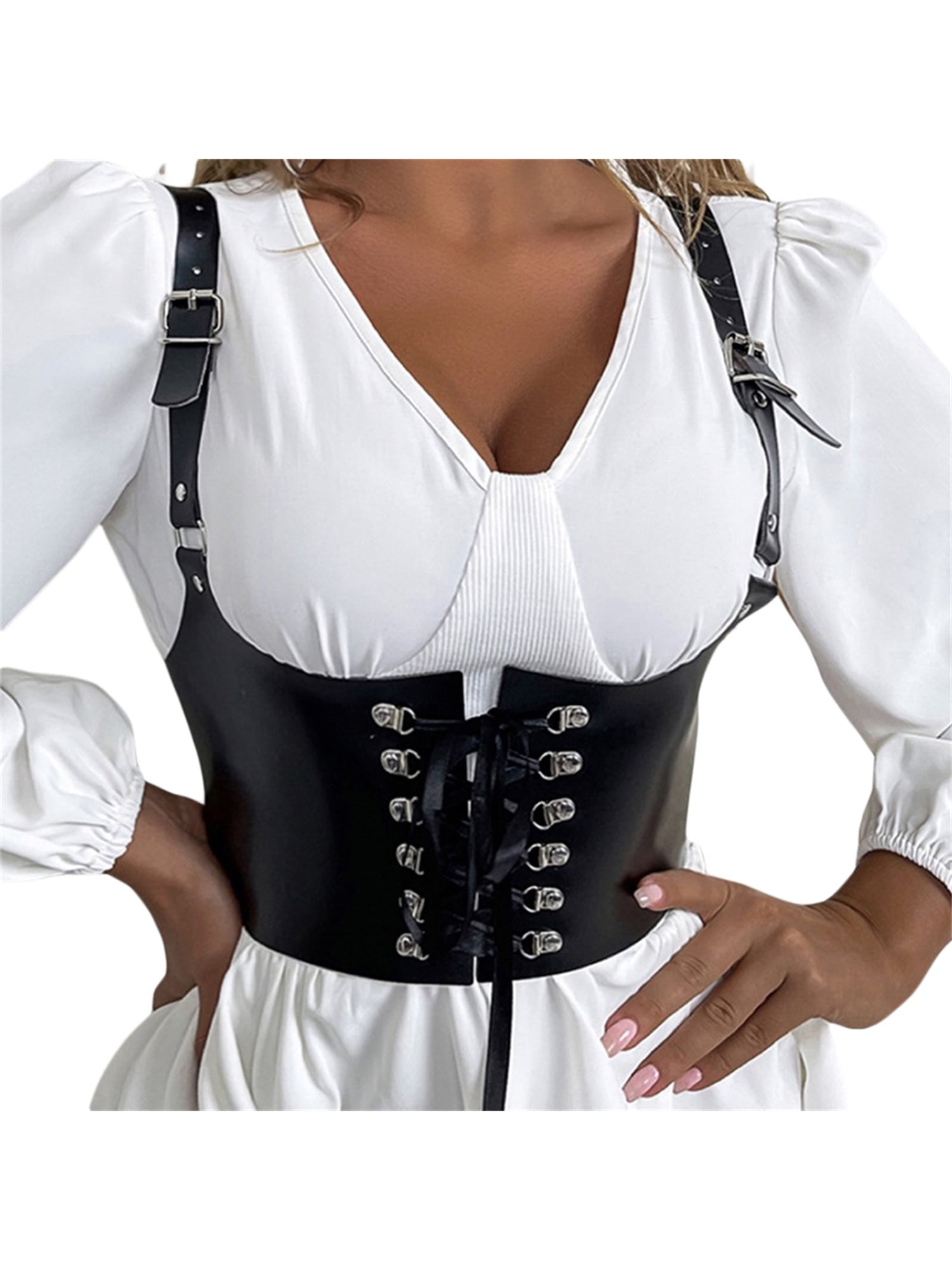 Womens Gothic Punk PU Leather Chest Support Vest Black Bustier Crop Top Metal Buckle Corset Top
