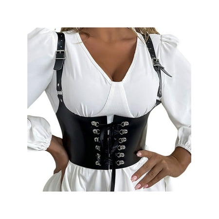 

Qmyliery Women s PU Chest Support Vest Black Sexy Bustier Metal Buckle Skinny Corset Crop Tops
