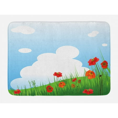 Poppy Bath Mat Idyllic Grassy Summer Field In Full Blossom Blue
