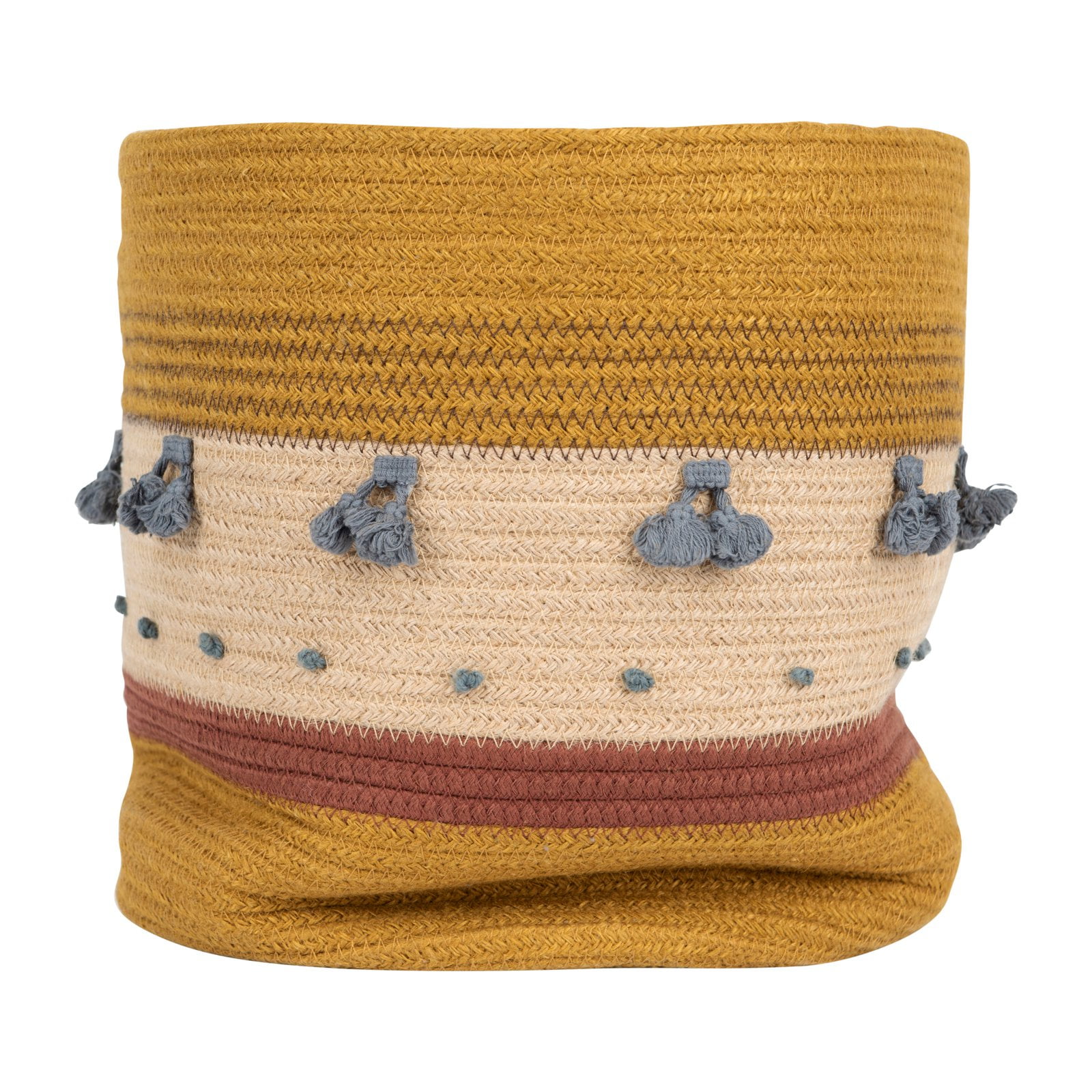3R Studios Mustard Jute Rope Basket with Stripes and Blue Tassels