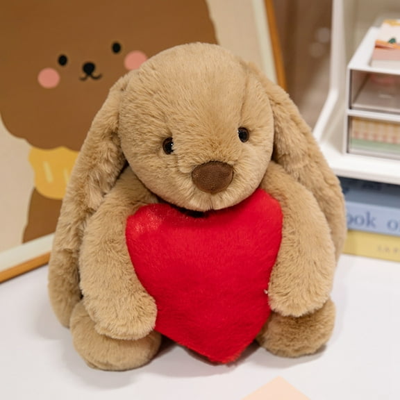 Rabbit Plush Doll,Hold Heart Rabbit Stuffed Animal Long Ears Toy, Suitable for Easter Christmas Birthday Gift(Brown 11.8in)