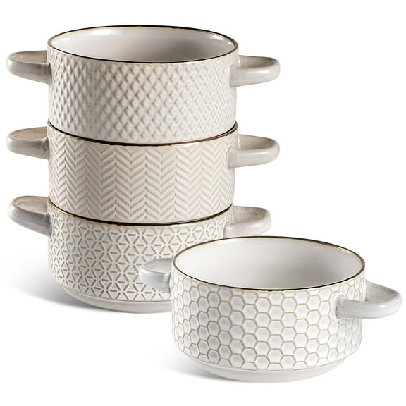 Ceramic Soup Bowls Set - 27 Oz French Onion Soup Crocks with Handles - Embossed Stoneware Bowls for Soup Cereal Beef Stew Chili - Microwave Dishwasher Oven Safe - Set of 4
