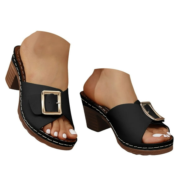 IUJSOY Heeled Sandals for Women Buckle Slip on Slippers Comfortable Open Toe Sandals Heels