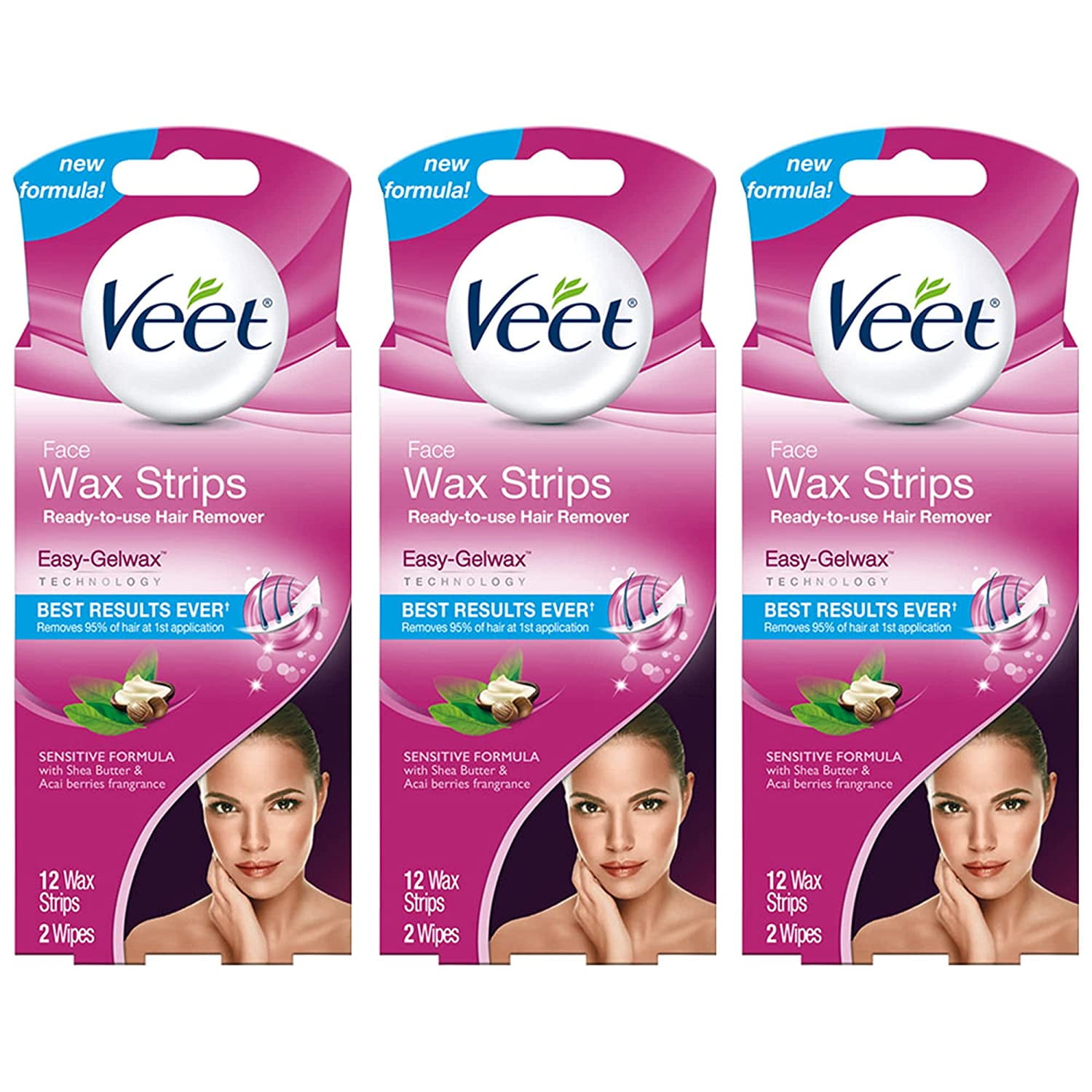 Hair Removal Wax Strips– VEET Easy- Gelwax™ Technology, Sensitive Formula  Ready-to-Use Hair Remover Face Wax Strips with Shea Butter & Acai Berries  Fragrance, 12 wax strips with 2 wipes 