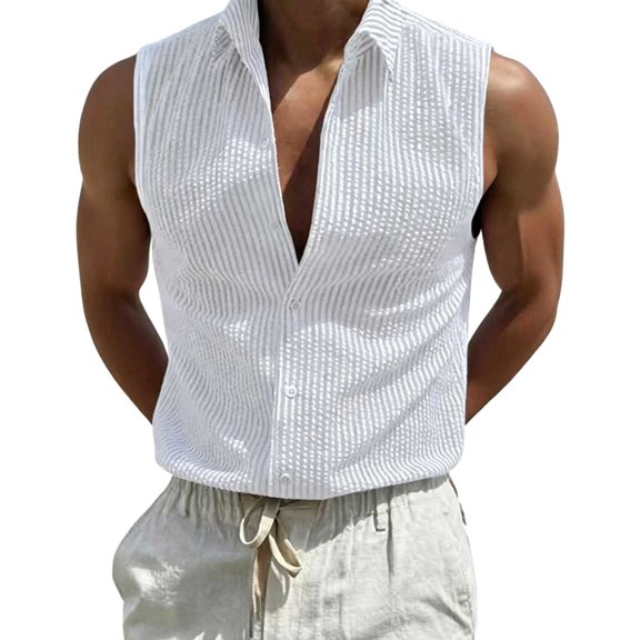 JTSRKL Mens Striped Sleeveless Shirts Stand Collar Button Up Casual Vest Solid Vintage Lightweight Breathable Summer Layering Tank Tops White XS