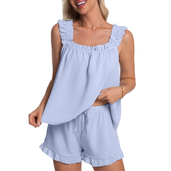 DAKIMOE Womens Pajamas Set 2 Piece Ruffle Pj Soft Tank Top and Shorts Sleepwear Lounge Sets for Women Set Sleeveless Bridal Pajama Sets for Christmas, S-2XL