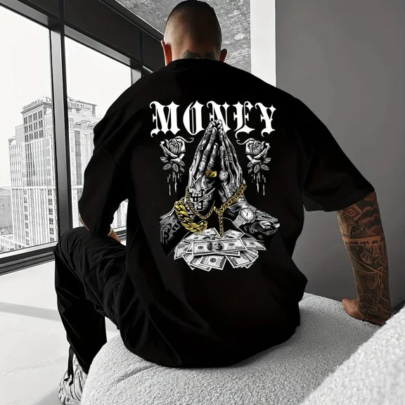 Men'S Y2K Streetwear Graphic Tee Featuring a Money Theme with Dollar Notes And Golden Chains