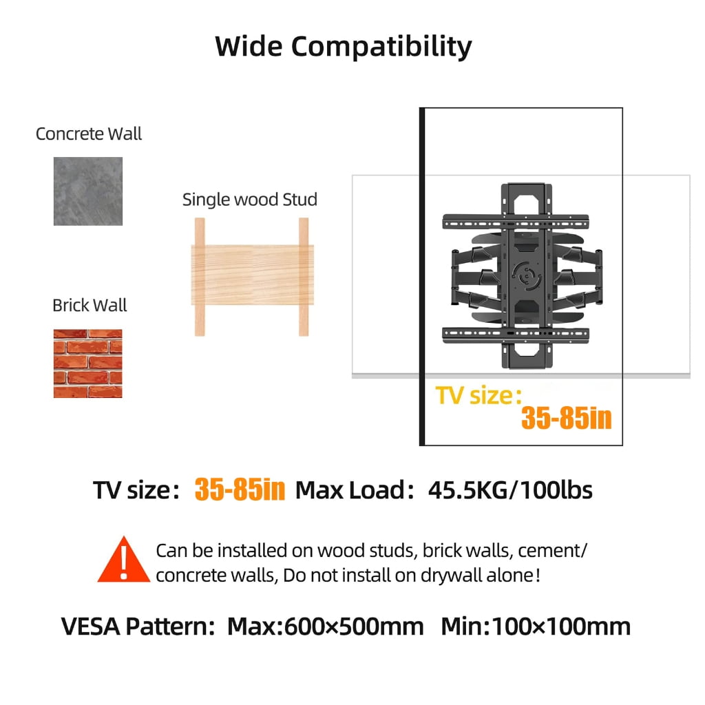 Adjustable TV Wall Mount Full Motion Rotation Tilt For 32-85 Inch TVs Heavy Duty Metal Construction Double Lock Safety