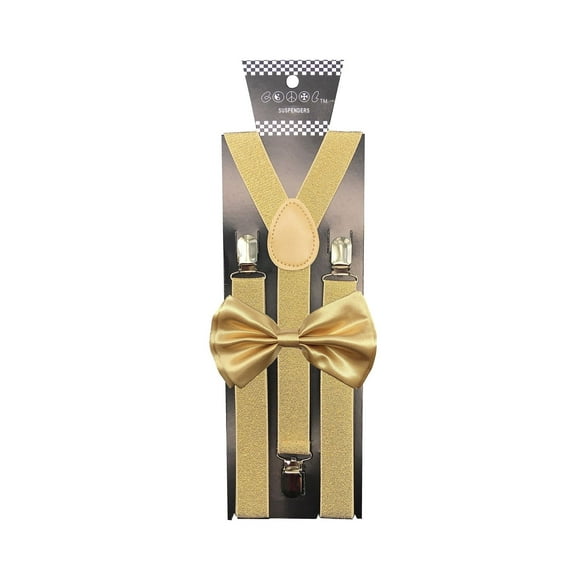 Adult Unisex Gold Glitter Suspenders with Matching Gold Metallic Bow Tie Set Wedding Prom