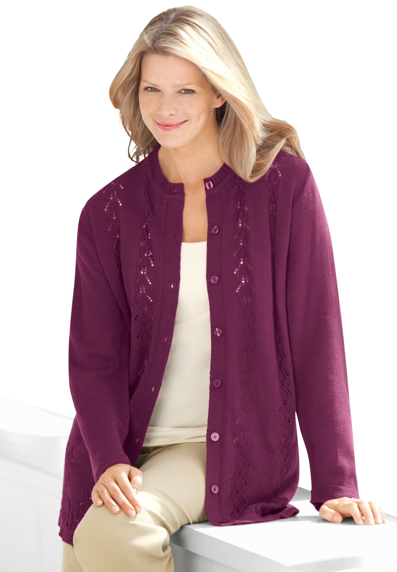 Long-Sleeve Pointelle Cardigan Sweater 