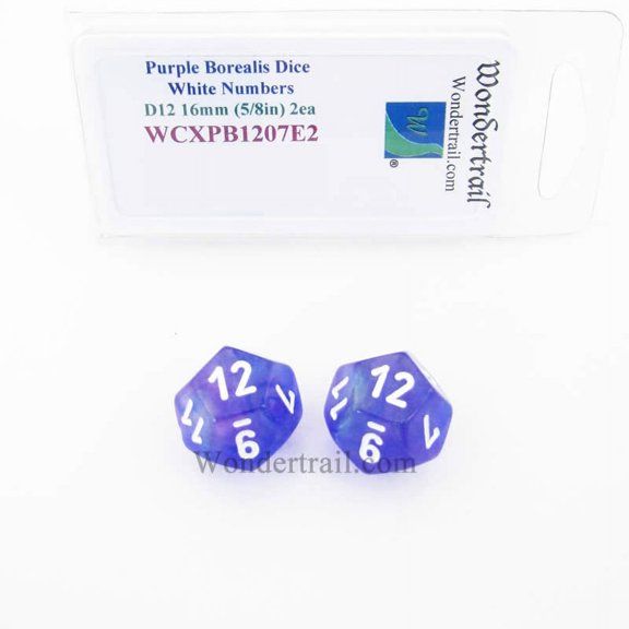 Purple Borealis Dice with White Numbers D12 Aprox 16mm (5/8in) Pack of 2 Wondertrail