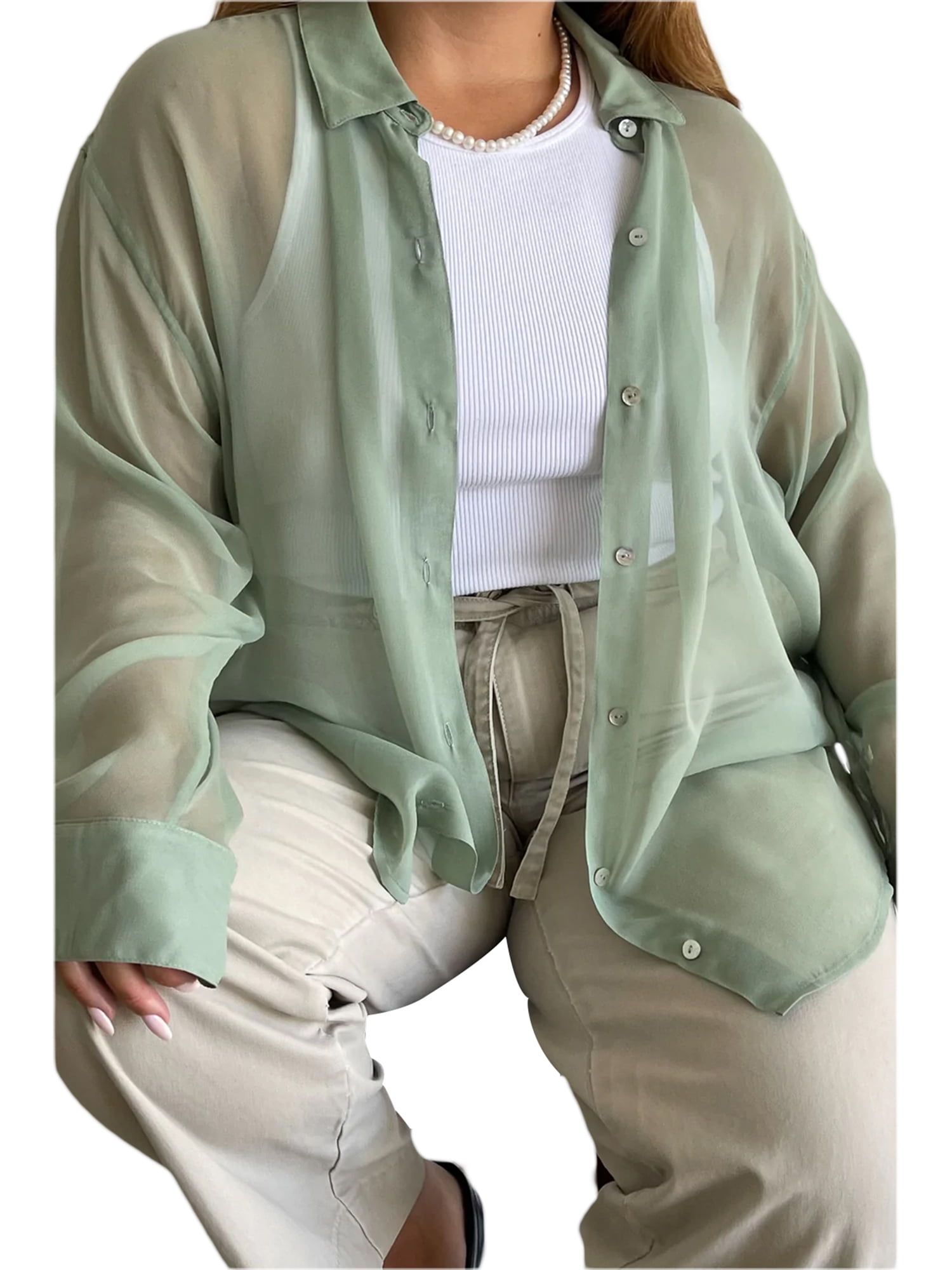 wybzd Women Sheer Mesh See Through Lapel Button Down Shirt Long Sleeve  Spring Autumn Blouse Tops Green S 