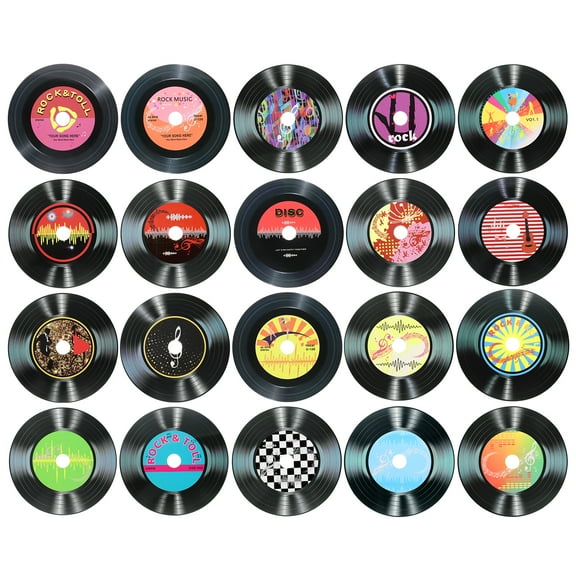 Uxcell 20 pack Vinyl Records Decor, 5.5 inch Blank Vinyl Records 20 Designs Fake CD Album Cover for Rock and Roll Party Dining Home Decorations, (Black, Style 1)