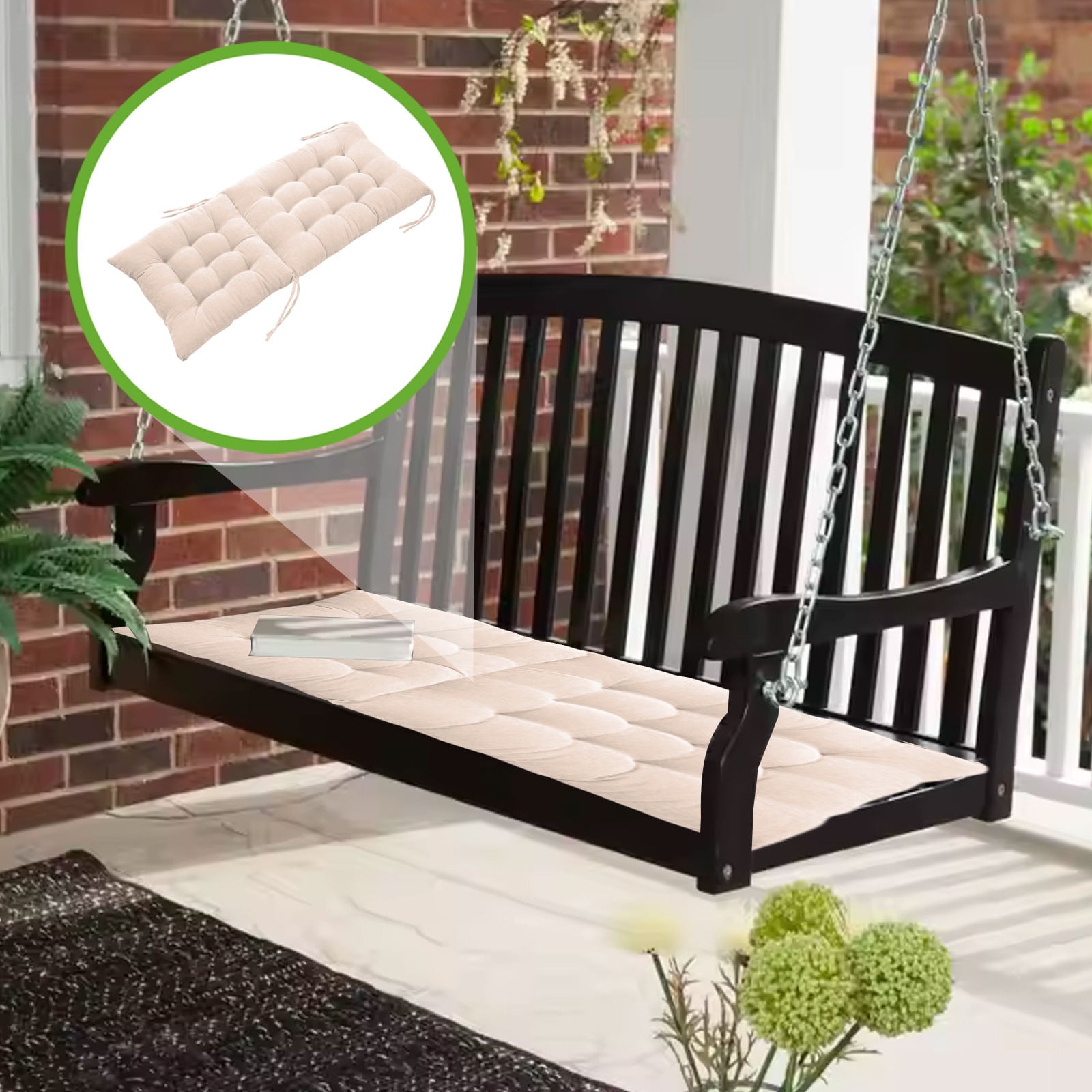 JeashCHAT Outdoor Bench Cushion, Patio Furniture Cushions, Tufted Front Porch Rocking Chair Seat Pads with Ties, Foldable High Back Chair Cushion, Indoor Seat/Back Chair Cushion, 40"x18", Beige