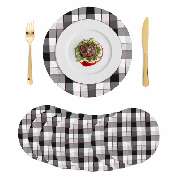 Black Grey Plaid Round 15 Inch Placemats Set of 8, Modern Abstract Ombre Gingham Checkered HeatResistant Non Slip Place Mats for Dining Table, Wipeable Braided Kitchen Table Mats for Housewarming
