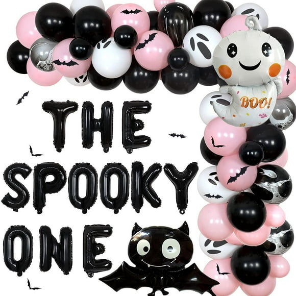 Décorations d'Anniversaire Effrayantes, Décorations de Fête d'Halloween 1er Anniversaire pour Fille Rose - Kit d'Arche de Guirlande de Ballon avec des Autocollants Muraux de Chauve-Souris