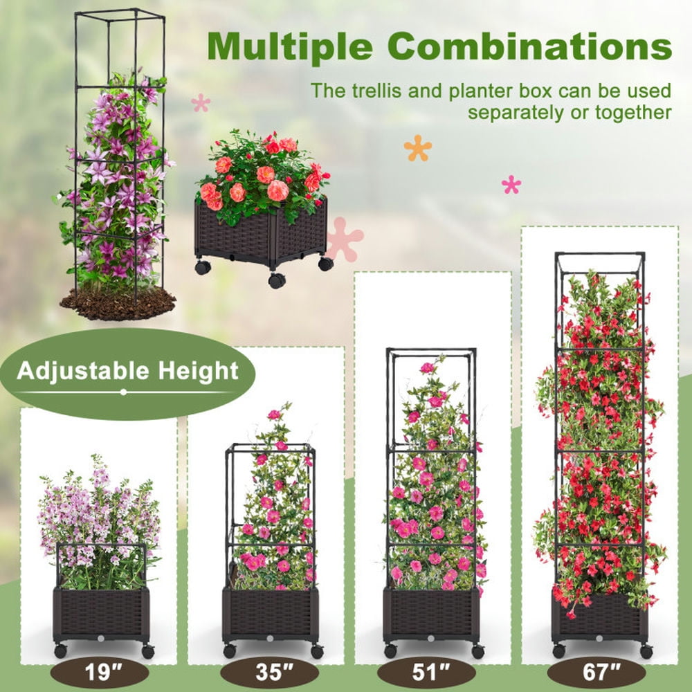 Demifill 67 Inches Raised Garden Bed with Planter Box and Trellis, 2-in-1 Functionality and Expandable Garden Bed, Brown