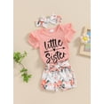 thumbnail image 3 of Bagilaanoe 3pcs Newborn Baby Girl Shorts Set Short Sleeve Letter Print Romper Tops + Flower Shorts + Headband 3M 6M 12M 18M 24M Infant Casual Summer Clothes, 3 of 7