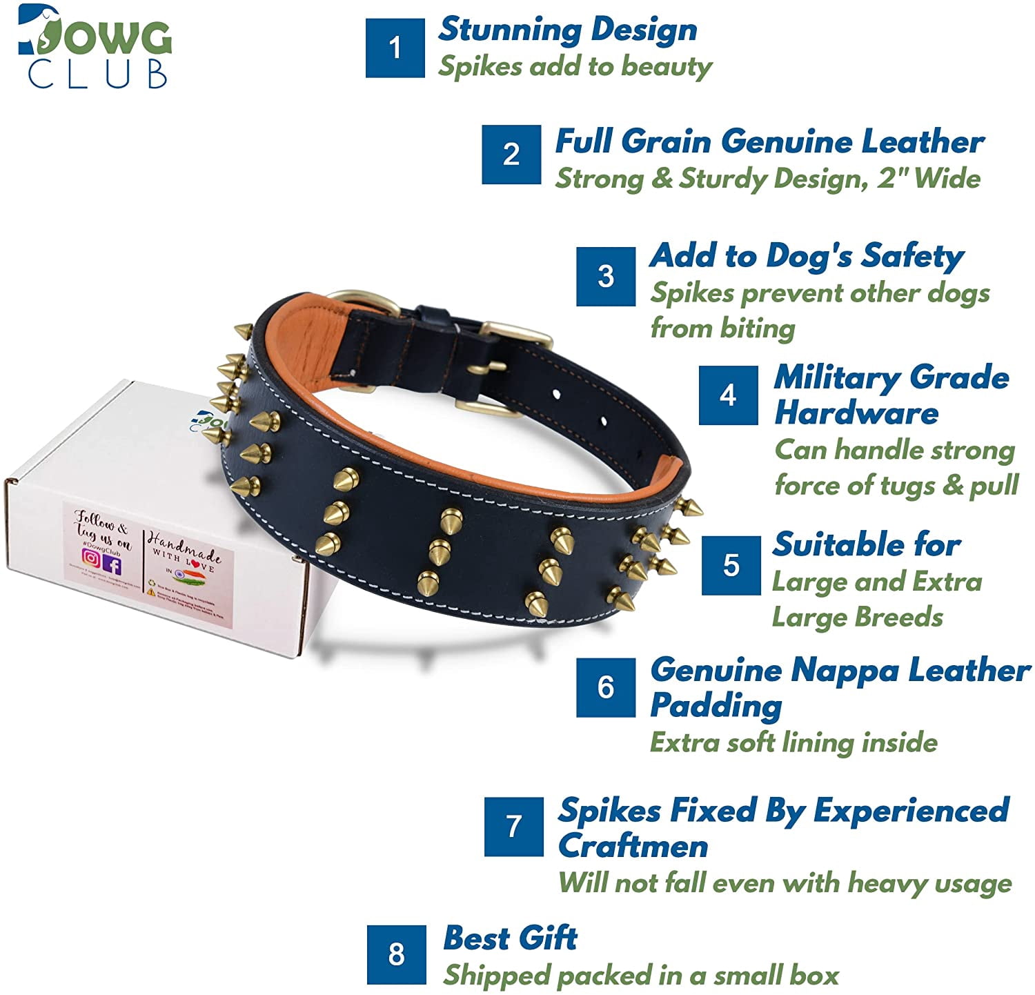 DowgClub | Genuine Leather Heavy Duty Spiked Dog Collar | Full Grain, Cushion Sheep napa padding Inside, Comfortable, Strong | Best for Medium, Large, X-Large Breeds | Cherry, Black, Pink, Tan |
