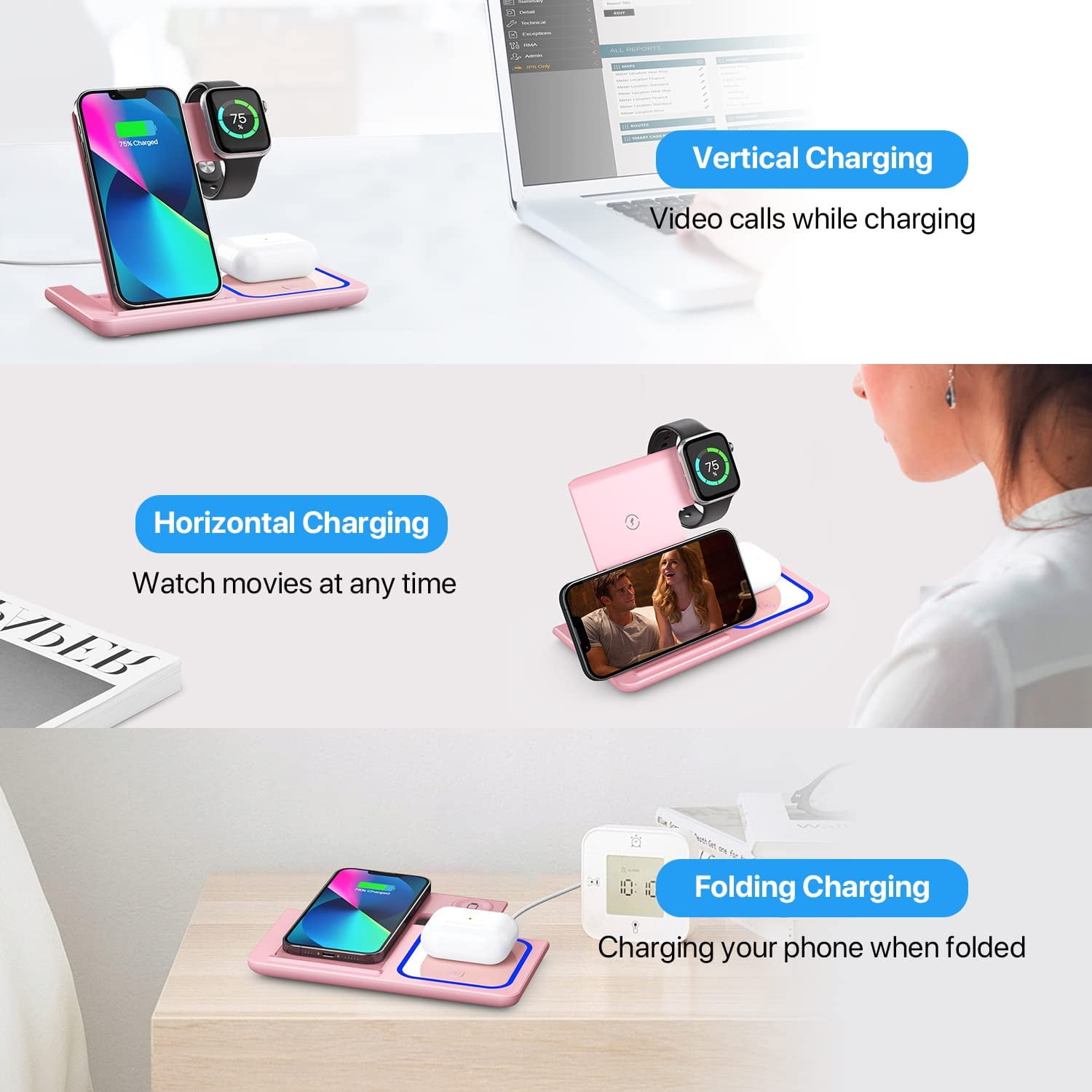 Wireless Charger, 3 in 1 Wireless Charging Station, Fast Wireless Charger Stand for iPhone 14/13/12/11/Pro/Max/XS/XR/X/8/Plus, for Apple Watch 7/6/5/4/3/2/SE, for AirPods 3/2/Pro