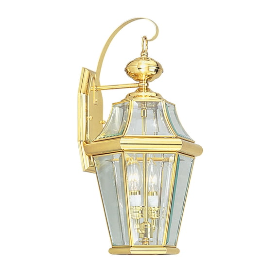10.5 inch 2 Light Polished Brass Outdoor Wall Lantern Pendant Lighting Fixture with Clear Beveled Glass Shade backed with Hand Crafted Solid Brass material for patio, front porch, entryway and more