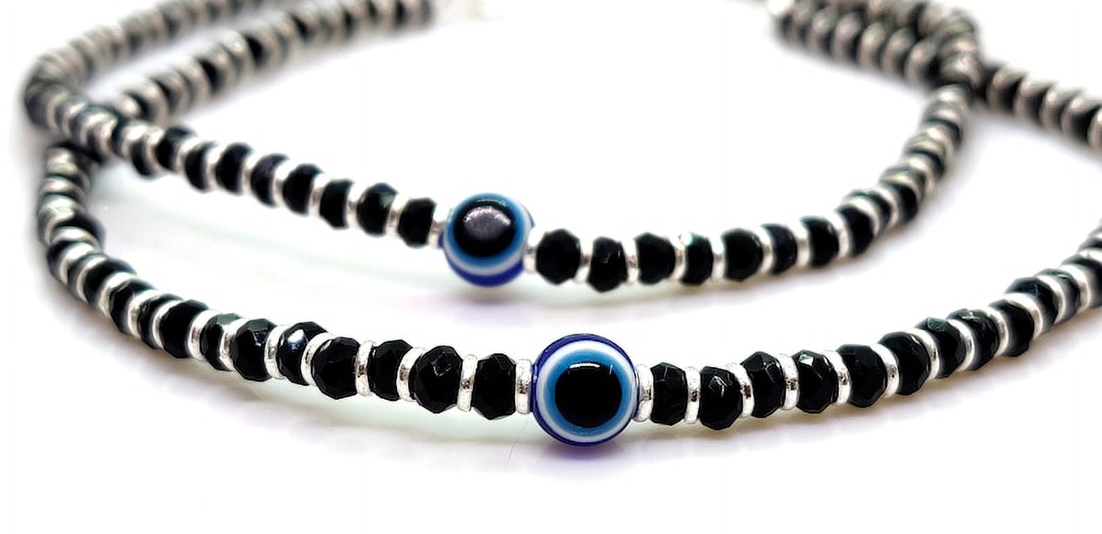 Evil Eye Black Beads Silver Anklet