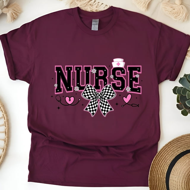 Nurse Graphic T-Shirt | Black Pink Varsity Lettering with Checkered Bow Tee, Maroon, Size M