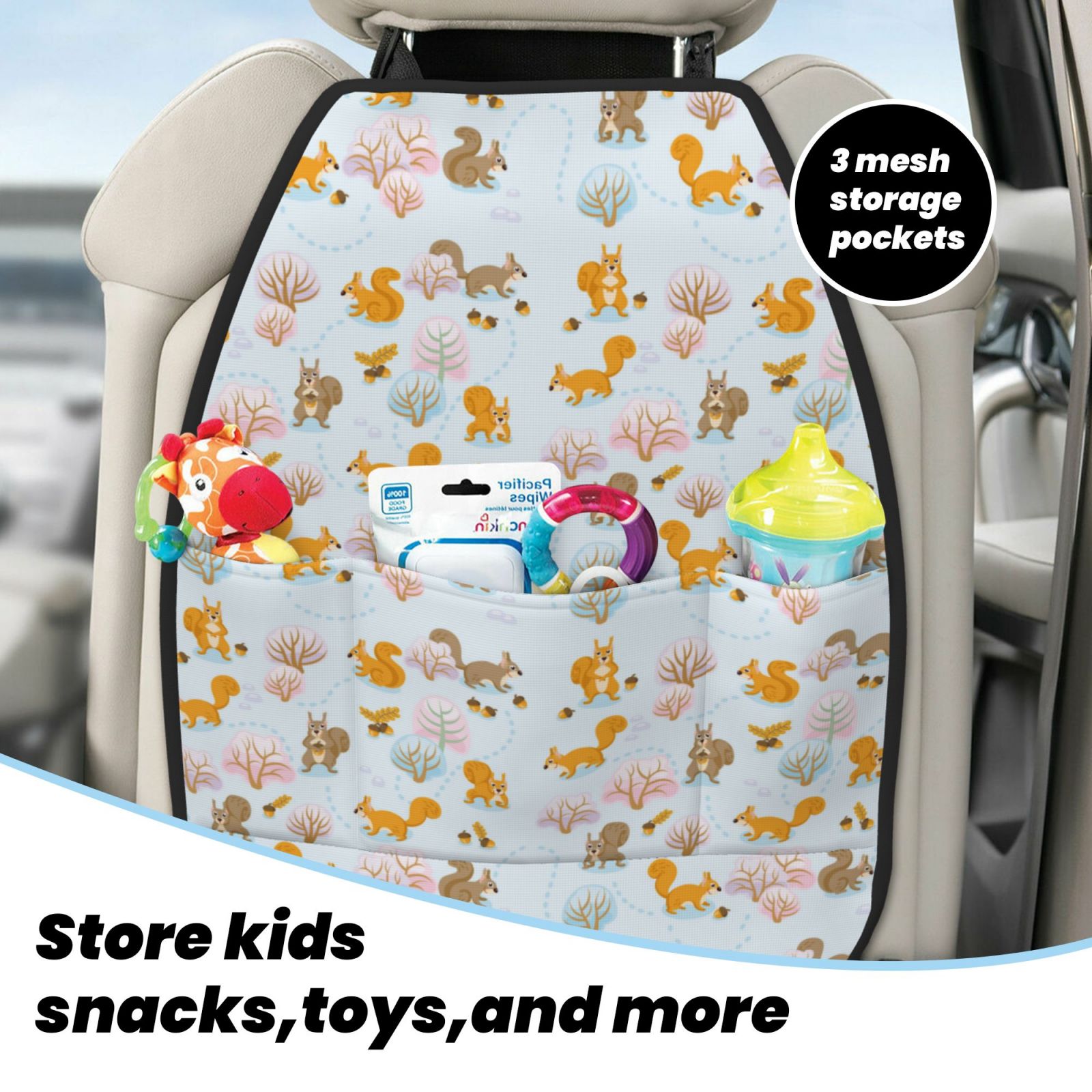 Kdxio Squirrel In The Forest Print 2 Pack Car Kick Mat Seat Cover Back Protector Mat with Pockets for Organizer Backseat Protector and Storage Anti Kick Pad for Vehicles